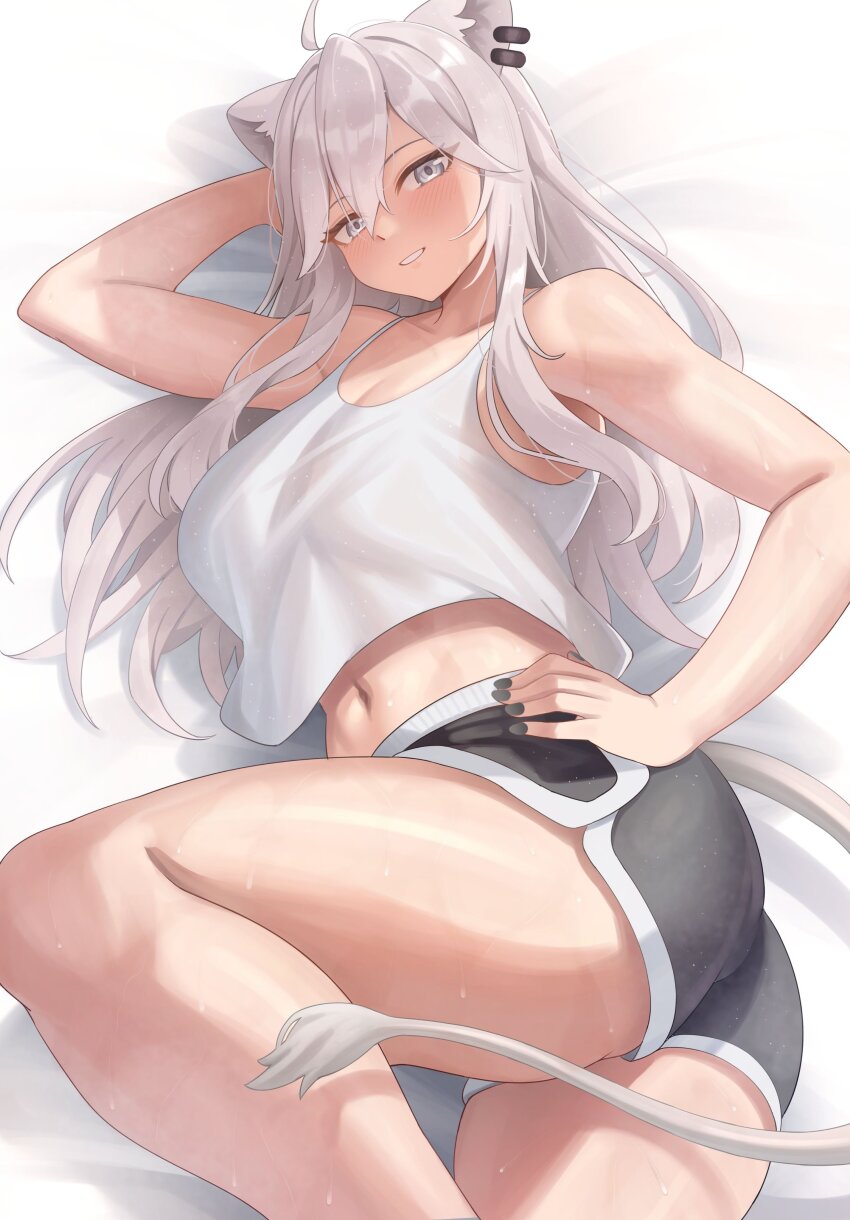 1girl absurdres ahoge alternate_costume animal_ear_piercing animal_ears aoi_zerii arm_behind_head bed_sheet black_nails black_shorts breasts commentary crop_top dolphin_shorts double-parted_bangs grey_eyes grey_hair hair_between_eyes hand_on_own_hip head_and_hip_pose highres hololive large_breasts lion_ears lion_tail long_hair long_sidelocks looking_at_viewer lying midriff nail_polish navel nipples on_side open_mouth paid_reward_available shirt shishiro_botan short_shorts shorts sidelocks smile solo tail tank_top virtual_youtuber white_tank_top