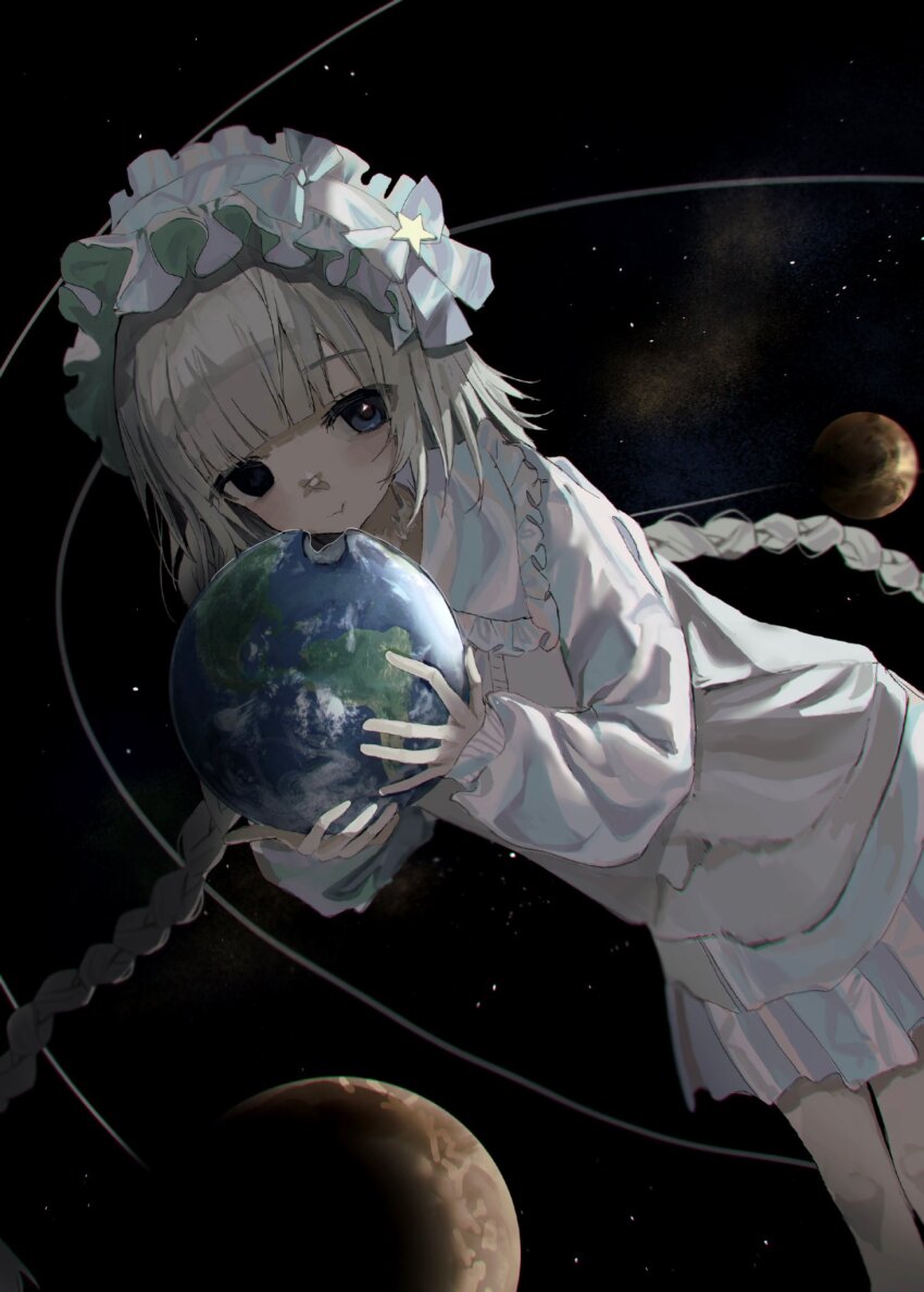 1girl bandaid bandaid_on_face bandaid_on_nose black_background blue_eyes blue_skirt blunt_bangs bonnet braid chewing choker closed_mouth earth_(planet) eating feet_out_of_frame frilled_choker frilled_shirt_collar frills giant giantess grey_hair hayu_(hayu0305) highres holding_planet long_hair long_sleeves looking_at_viewer orbital_path original planet pleated_skirt revision simple_background skirt solar_system solo space star_(symbol) sweater twin_braids twintails very_long_hair white_choker white_sweater