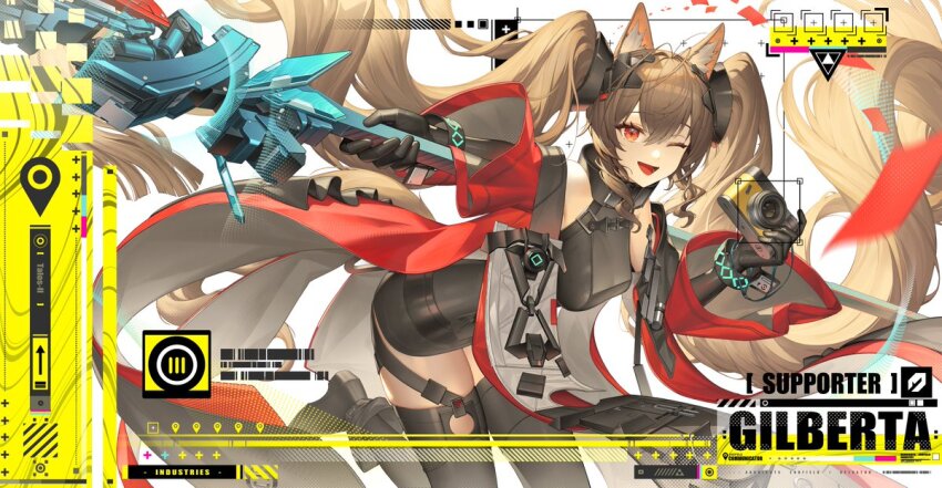 1girl :d angelina_(arknights) animal_ear_fluff animal_ears arknights arknights:_endfield bare_shoulders black_boots black_gloves boots bracelet breasts brown_hair camera character_name coat colored_inner_animal_ears diamond-shaped_pupils diamond_(shape) dot_nose dress elbow_gloves english_text floating_clothes floating_hair fold-over_boots fox_ears fox_girl fox_tail gilberta_(arknights) gloves grey_dress hair_between_eyes hand_up hashtag-only_commentary headpiece high_collar holding holding_camera holding_staff impossible_clothes impossible_dress infection_monitor_(arknights) jewelry large_breasts long_hair long_sleeves looking_at_viewer one_eye_closed open_clothes open_coat open_mouth red_coat red_eyes short_dress sleeveless sleeveless_dress smile soho_(user_dphk5745) solo staff symbol-shaped_pupils tail thighhighs thighs twintails very_long_hair zettai_ryouiki