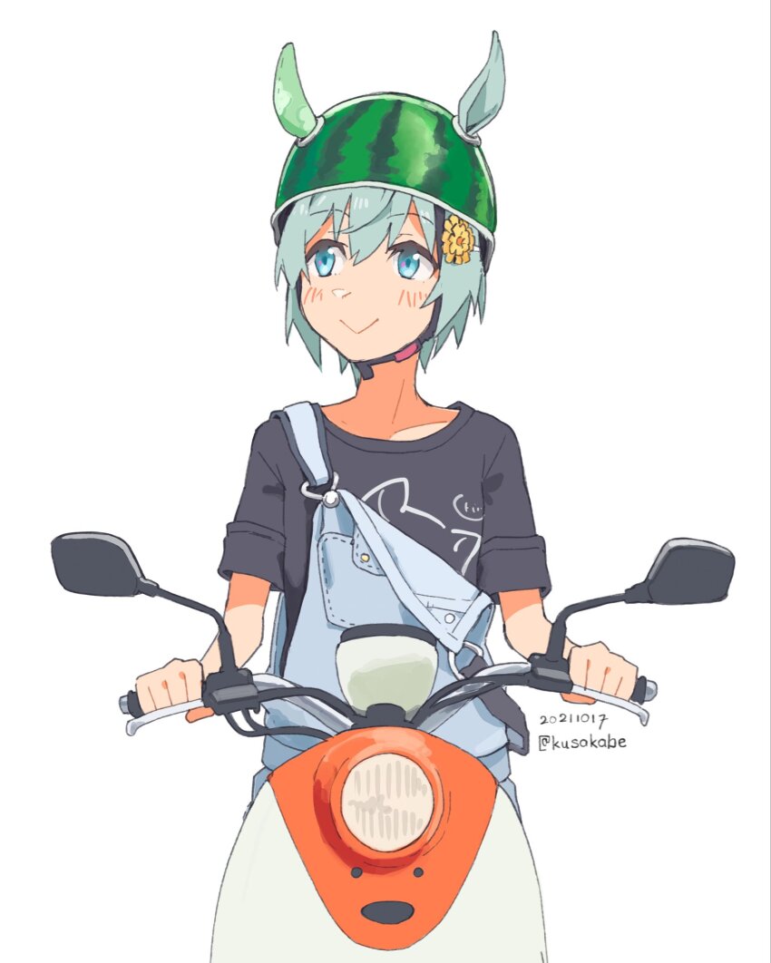 1girl animal_ears aqua_hair black_shirt blue_eyes blush closed_mouth dated degawa_tetsurou_no_juuden_sasetemoraemasenka? ears_through_headwear hair_ornament hairclip helmet highres horse_ears kusakabe_(kusakabeworks) looking_to_the_side motor_vehicle on_scooter overalls scooter seiun_sky_(casual)_(umamusume) seiun_sky_(umamusume) shirt short_hair short_sleeves simple_background smile solo twitter_username umamusume upper_body white_background yamaha yamaha_vino