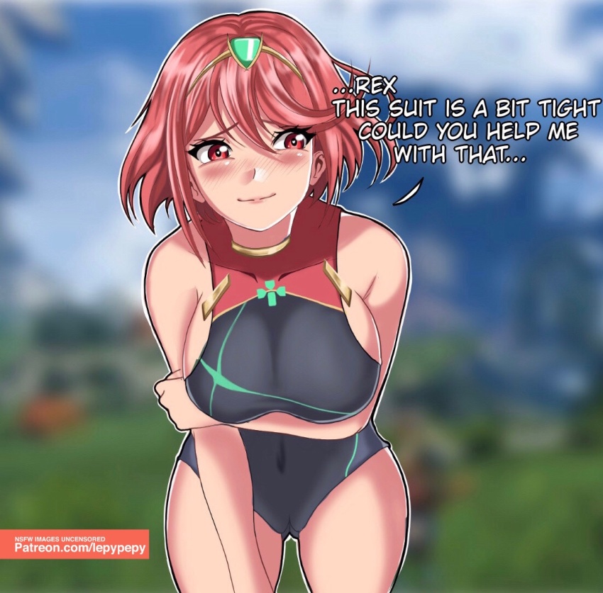1girl arm_under_breasts bare_shoulders blush breasts cameltoe circlet closed_mouth competition_swimsuit english_text feet_out_of_frame female_focus headpiece large_breasts lepypepy navel one-piece_swimsuit patreon_username pyra_(pro_swimmer)_(xenoblade) pyra_(xenoblade) red_eyes red_hair shiny_skin sleeveless smile solo standing swimsuit thighs watermark web_address xenoblade_chronicles_(series) xenoblade_chronicles_2