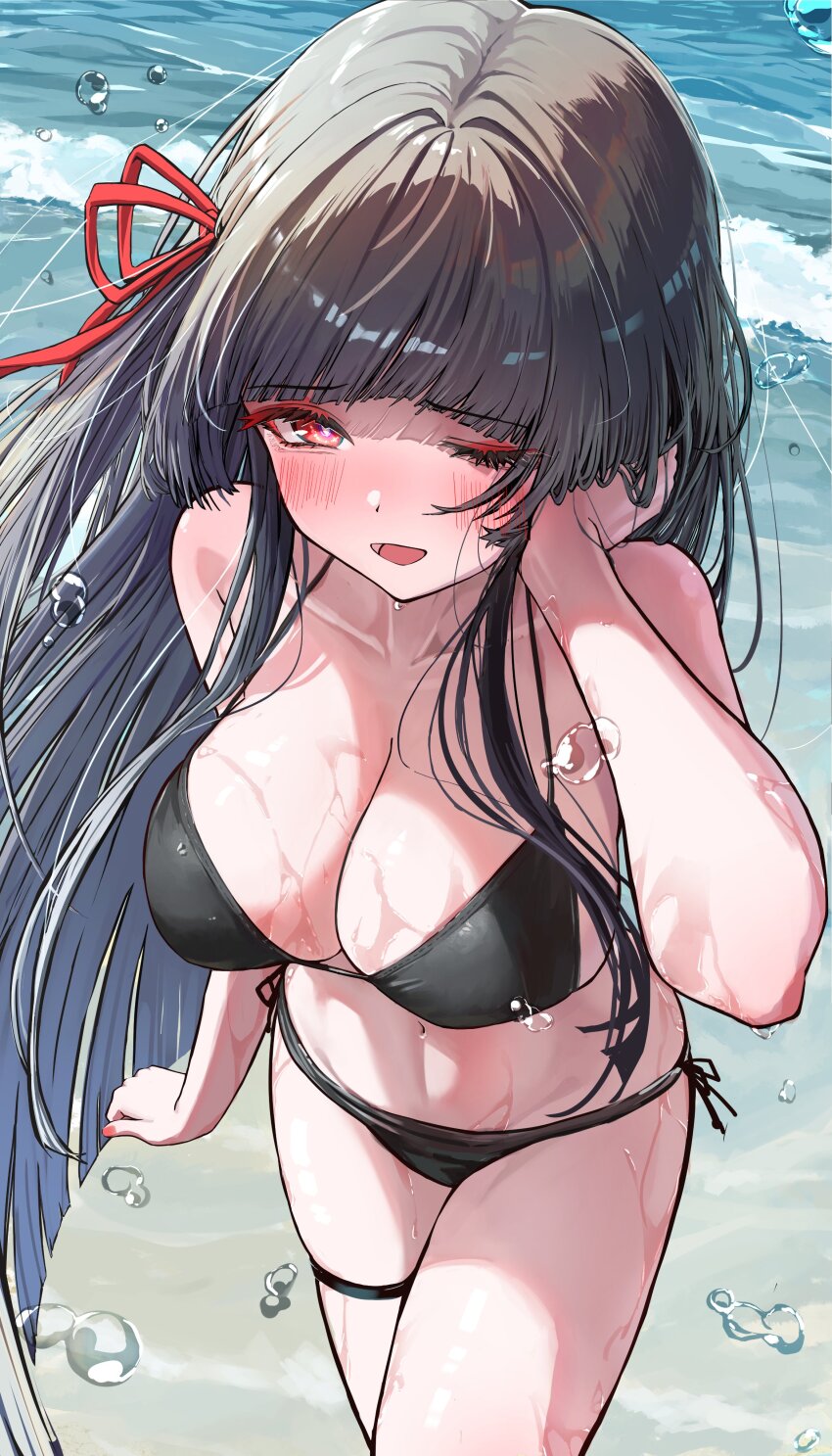 1girl absurdres alternate_costume bare_shoulders bikini black_bikini black_hair blush breasts chisa_(wuthering_waves) cleavage collarbone commentary hair_ribbon hand_up highres kiyokatsu_(kyktsu0908) large_breasts looking_at_viewer navel one_eye_closed open_mouth outdoors red_eyes red_ribbon ribbon smile solo stomach swimsuit thigh_strap thighs wet wuthering_waves