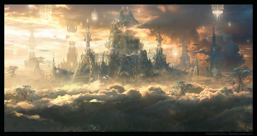building castle cloud cloudy_sky commentary dated english_commentary fantasy floating_building highres original painterly raphael-lacoste scenery sky sunlight tower tree yellow_sky