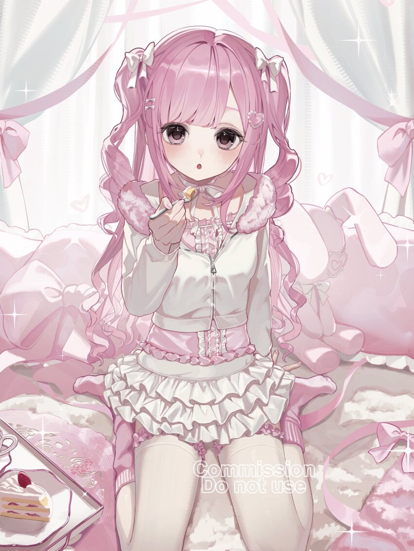 arm_support asymmetrical_footwear balletcore bow bowtie cake center_frills commentary commission cropped_jacket curtains food fork frilled_skirt frills fur-trimmed_jacket fur_trim hair_bow hair_ornament hairclip heart heart_hair_ornament highres himekaji holding holding_fork jacket long_hair long_sleeves open_mouth original parted_bangs pillow pink_eyes pink_hair pink_nails pink_shirt pink_socks ribbon ringlets shirt sho_(sho_oe4) sidelocks sitting skeb_commission skirt socks stuffed_animal stuffed_rabbit stuffed_toy thighhighs twintails wariza white_bow white_bowtie white_jacket white_ribbon white_skirt white_socks white_thighhighs zipper