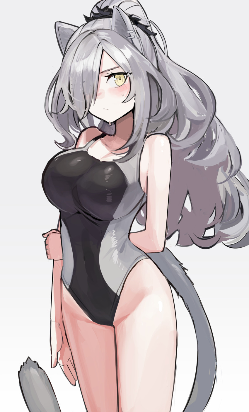 1girl animal_ears arknights arm_behind_back black_one-piece_swimsuit blush breasts cat_ears cat_girl cat_tail closed_mouth commentary_request competition_swimsuit eyes_visible_through_hair gradient_background grey_background grey_hair hair_ornament hair_over_one_eye highres large_breasts long_hair looking_at_viewer one-piece_swimsuit ponytail revision schwarz_(arknights) solo solokitsune standing swimsuit tail thighs yellow_eyes