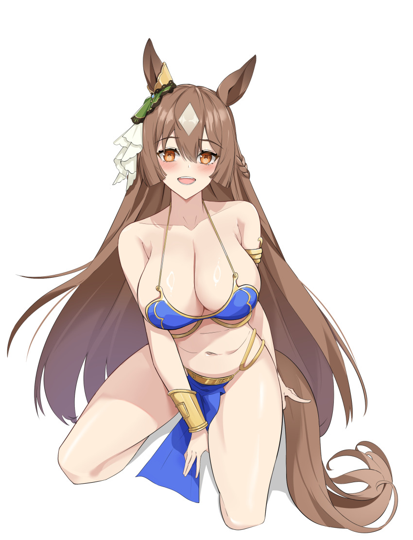 1girl absurdres alternate_costume animal_ears armlet armor bare_shoulders bikini_armor blue_loincloth blush braid breasts brown_hair cleavage collarbone commentary_request dancer ear_ornament hair_between_eyes half_up_braid highres horse_ears horse_girl horse_tail jewelry keycccat kneeling large_breasts loincloth looking_at_viewer multicolored_hair navel open_mouth satono_diamond_(umamusume) simple_background smile solo stomach streaked_hair tail umamusume white_background white_hair yellow_eyes