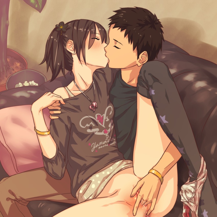 1boy 1girl affectionate anus bad_id bad_pixiv_id black_shirt black_thighhighs blush bottomless bra_strap breast_press breasts brown_hair casual closed_eyes clothes_writing collarbone couch couple fingering flower hair_flower hair_ornament hetero highres hug jewelry kiss knee_up necklace no_panties off_shoulder original panties panties_around_leg pants petite pillow plaid_clothes plaid_panties plant ponytail potted_plant print_legwear profile pussy pussy_juice shirt short_hair short_ponytail sitting sitting_on_lap sitting_on_person small_breasts star_(symbol) star_print thighhighs trash_can uncensored underwear used_tissue wristband yamada_(gotyui)