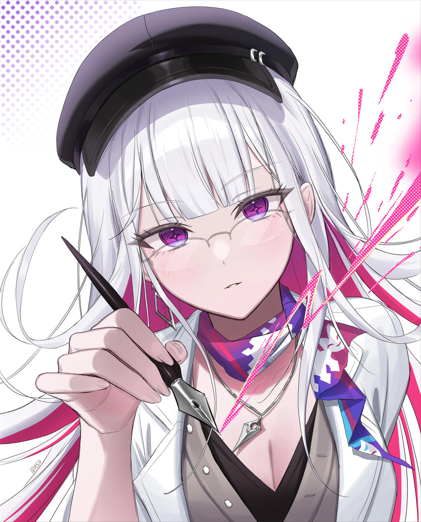 1girl black_hat breasts cleavage colored_inner_hair commentary glasses hat highres holding holding_pen honkai:_star_rail honkai_(series) idasu_(hyun9164) jacket jewelry long_hair looking_at_viewer medium_breasts multicolored_hair necklace nihilux_(honkai:_star_rail) parted_lips pen pink_hair purple_eyes solo upper_body white_hair white_jacket