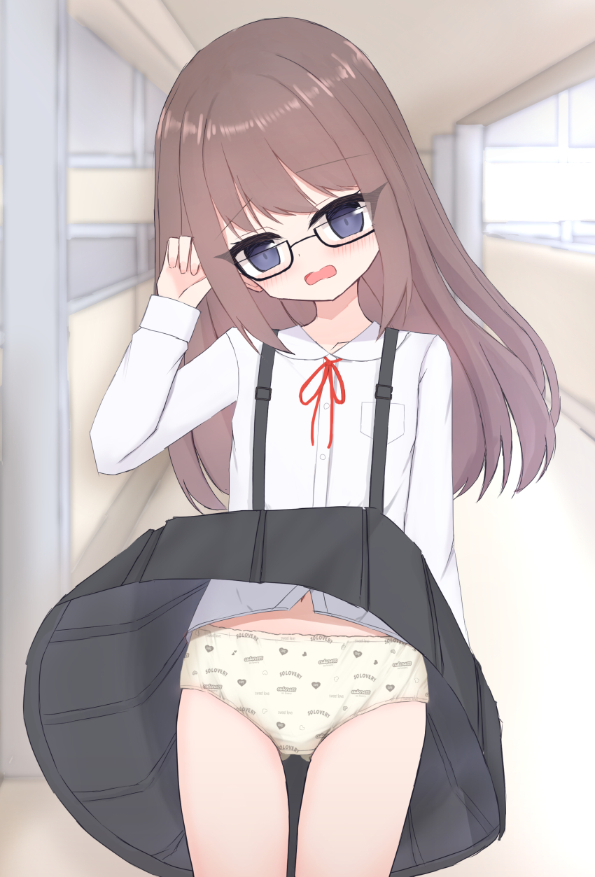 1girl black_eyes black_skirt blush breast_pocket brown_hair clothes_writing collarbone crotch_seam embarrassed flat_chest glasses hallway heart heart_print loli long_hair long_sleeves looking_at_viewer navel neck_ribbon open_mouth original panties pocket print_panties red_ribbon ribbon school school_uniform shirt shooko skirt standing suspender_skirt suspenders underwear white_panties white_shirt wind wind_lift