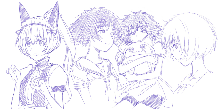 animal_ears cat_ears commentary_request dress fake_animal_ears highres hugging_object long_hair mayqueen_maid_uniform menomorute monochrome open_mouth paw_pose school_uniform science_adventure serafuku shiina_mayuri short_hair simple_background steins;gate steins;gate_0 stuffed_toy upa_(steins;gate) white_background wig winter_clothes