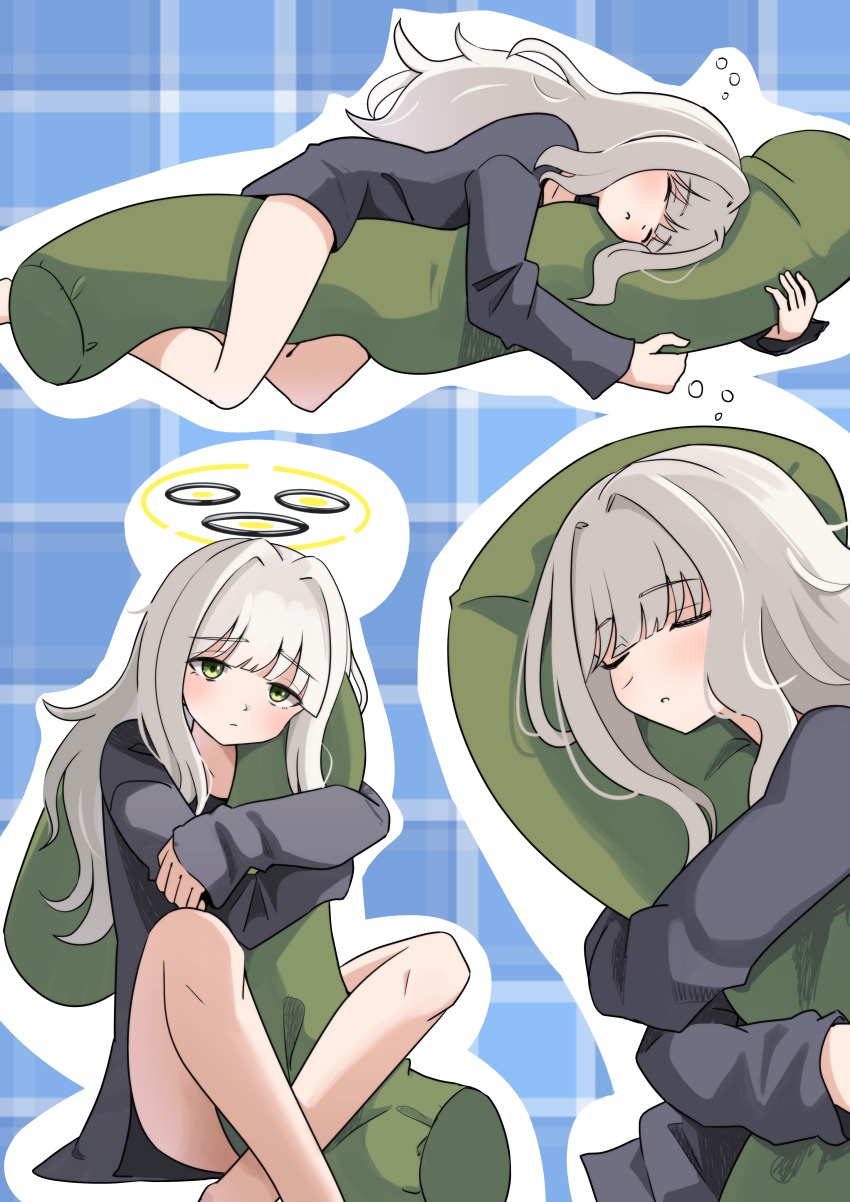 1girl absurdres black_shirt blue_archive blue_background body_pillow commentary coralreef966 crossed_ankles green_eyes green_halo grey_hair hair_down halo hare_(blue_archive) hare_(pajamas)_(blue_archive) highres hugging_object light_blush long_hair long_sleeves lying multiple_views official_alternate_costume pajamas patterned_background pillow shirt sleeping solo_focus squeans
