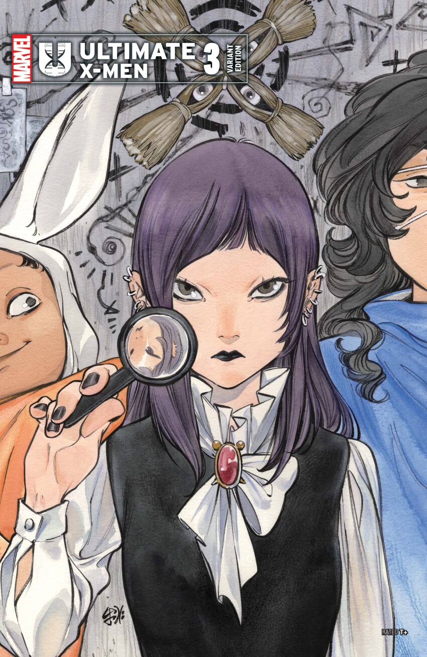 3girls absurdres animal_ears black_eyes black_lips black_nails black_vest blue_shirt comic_cover copyright_logo copyright_name cover cover_page curly_hair dark-skinned_female dark_skin english_text eyeball fake_animal_ears highres holding holding_magnifying_glass jewelry logo long_hair looking_at_viewer magnifying_glass makeup marvel mori_(marvel) multiple_girls multiple_piercings natsu_tsukishima nico_minoru official_art orange_shirt peach_momoko purple_hair rabbit_ear_headwear shirt straw_doll tan ultimate_x-men_(2024) upper_body vest white_shirt x-men