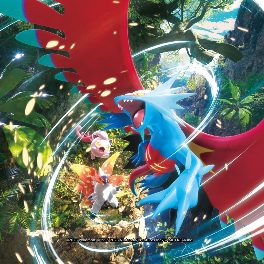 3d blue_sky cloud commentary company_name copyright_name copyright_notice day dragon english_commentary fangs fern flying grass leaf n-design_inc. nintendo no_humans official_art open_mouth outdoors plant pokemon pokemon_(creature) pokemon_focus pokemon_tcg roaring_moon scream_tail sharp_teeth sky slither_wing teeth third-party_source tree vines yellow_eyes