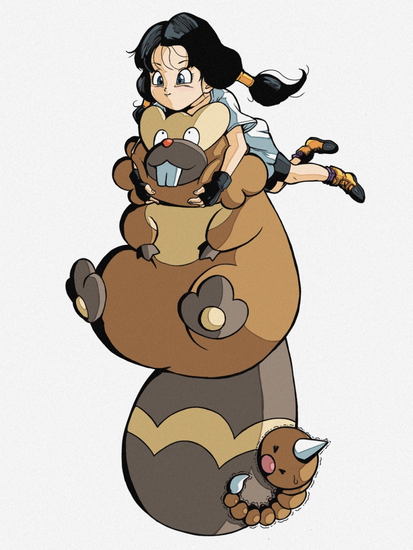 >_< 1girl 2others bad_tag beaver beaver_tail bibarel big_nose bike_shorts black_eyes black_gloves black_hair blue_eyes brown_fur buck_teeth caterpillar cheek_bulge closed_eyes colored_skin commentary dragon_ball dragonball_z fingerless_gloves flying gen_1_pokemon gen_4_pokemon gloves hair_ornament highres horns medium_hair multiple_others name_connection nintendo onigiri_debu pokemon pokemon_(creature) pun red_nose scared shirt shoes simple_background single_horn smile spiked_tail sweatdrop t-shirt tail teeth trembling twintails videl weedle white_background white_shirt yellow_skin