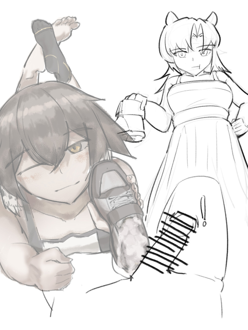 2girls absurdres arknights barefoot brown_hair cum fang_(arknights) feet highres looking_at_viewer lying medium_hair multiple_girls on_stomach one_eye_closed operatorut plume_(arknights) shoejob shoes smile socks soles toes unworn_shoes unworn_socks yellow_eyes