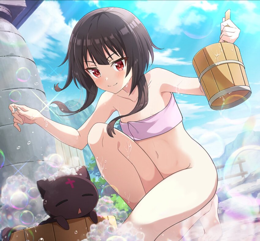1girl barefoot bathing black_cat blush bottomless brown_hair bucket cat closed_mouth collarbone flat_chest highres kono_subarashii_sekai_ni_shukufuku_wo! marusankaku megumin naked_towel navel no_panties outdoors red_eyes short_hair short_hair_with_long_locks smile soap_bubbles solo squatting thighs third-party_edit towel wet wooden_bucket