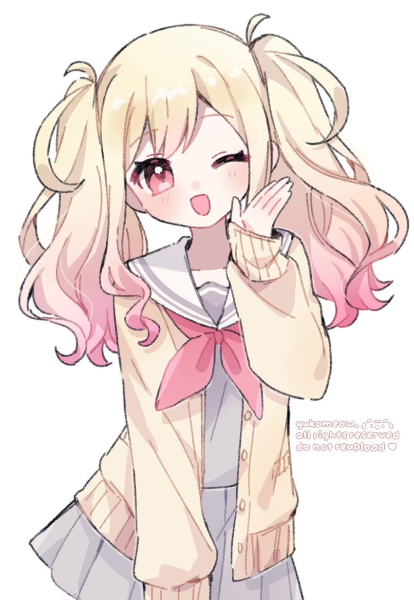 1girl ;d artist_name blonde_hair blush buttons cardigan collarbone commentary cowboy_shot gradient_hair grey_serafuku grey_shirt grey_skirt hand_up highres long_hair long_sleeves looking_at_viewer multicolored_hair neckerchief one_eye_closed open_cardigan open_clothes open_mouth parted_bangs pink_eyes pink_hair pleated_skirt project_sekai red_neckerchief sailor_collar school_uniform serafuku shirt simple_background skirt smile solo symbol-only_commentary tenma_saki twintails two-tone_hair watermark white_background white_sailor_collar yellow_cardigan yukomeow