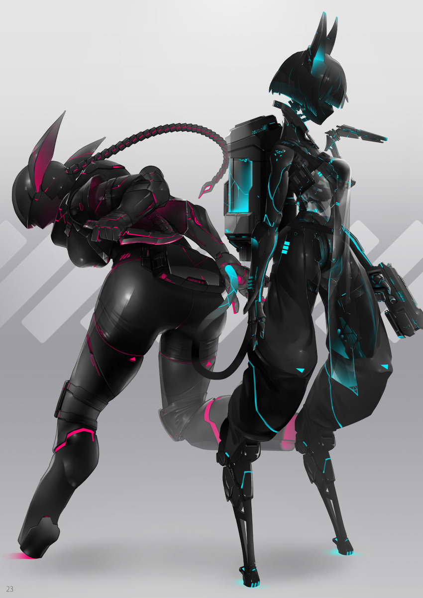 2girls absurdres android ass black_pants black_shorts black_skin blue_tail breasts colored_skin commentary_request echanis_enicha gradient_tail gun highres holding holding_gun holding_knife holding_weapon knife long_braid mechanical_ears mechanical_hair multiple_girls no_feet original pants see-through_clothes short_hair shorts tail weapon