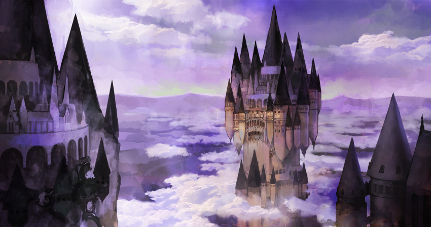 above_clouds architecture building castle cloud cloudy_sky commentary_request day fantasy highres no_humans original outdoors scenery sky somei_yoshinori