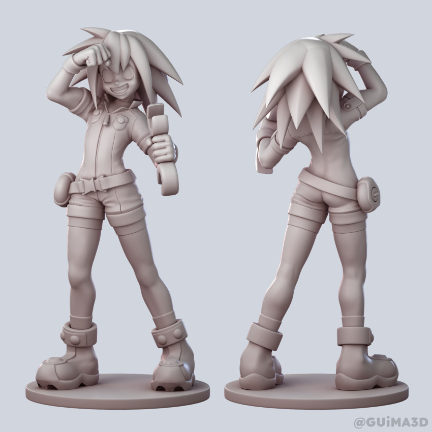 3d ankle_boots belt bike_shorts bodysuit bodysuit_under_clothes boots from_behind gloves grey_background guima3d highres jumpsuit mega_man_(series) mega_man_legends_(series) red_boots roll_caskett_(mega_man) short_jumpsuit simple_background smile socks tagme utility_belt wrench