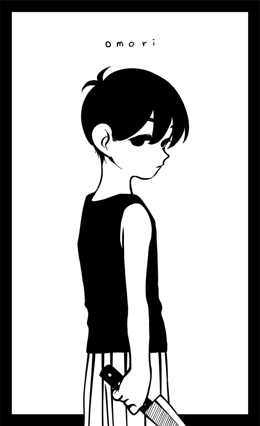 1boy antenna_hair arms_at_sides bare_arms bare_shoulders black_border border child closed_mouth commentary_request copyright_name cowboy_shot double-parted_bangs empty_eyes expressionless from_behind from_side greyscale hair_behind_ear hair_between_eyes high_contrast highres holding holding_knife kitchen_knife knife light_frown looking_at_viewer looking_back male_focus monochrome no_pupils omori omori_(omori) outside_border pants pinstripe_pants pinstripe_pattern short_hair sideways_glance simple_background solo standing tank_top teeyteey very_short_hair white_background