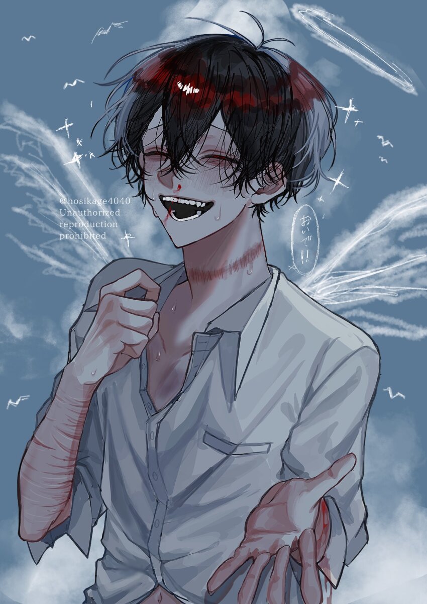 1boy aegyo_sal attempted_suicide black_hair blood blue_sky closed_eyes collared_shirt commentary_request crossed_bangs double-parted_bangs facing_viewer grin hair_between_eyes halo highres hosikage4040 looking_at_viewer male_focus nosebleed offering_hand open_mouth original outdoors scar scar_on_arm scar_on_neck self-harm shirt short_hair simple_bird sky smile solo translation_request white_shirt white_wings wings wrist_cutting