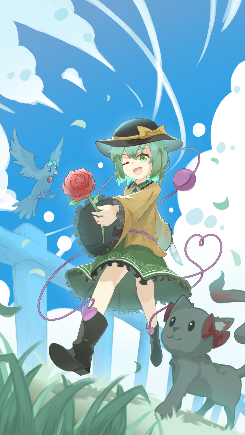 1girl absurdres animalization bird black_bird black_boots black_cat black_hat blue_sky boots bow buttons cat cloud collared_shirt commentary day diamond_button edsky0309 eyeball floral_print flower flying frilled_shirt_collar frilled_skirt frilled_sleeves frills full_body grass green_eyes green_hair green_skirt hat heart heart_of_string highres holding holding_flower holding_knife kaenbyou_rin kaenbyou_rin_(cat) knife koishi_day komeiji_koishi long_sleeves one_eye_closed open_mouth outdoors red_flower red_rose reiuji_utsuho reiuji_utsuho_(bird) rose rose_print shirt skirt sky smile third_eye touhou wide_sleeves yellow_bow yellow_shirt