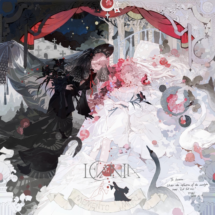 1girl absurdres animal bed bed_sheet bird black_dress black_flower black_swan_(bird) black_veil blunt_bangs bouquet breasts cleavage closed_mouth commission dated dress dual_persona eteru expressionless flower food fruit gloves graveyard highres holding holding_bouquet long_hair long_sleeves looking_at_another lying mihuashi_commission night on_back original pillow pink_eyes pomegranate single_glove sky sleeping square swan veil watermark white_dress white_veil wide_sleeves