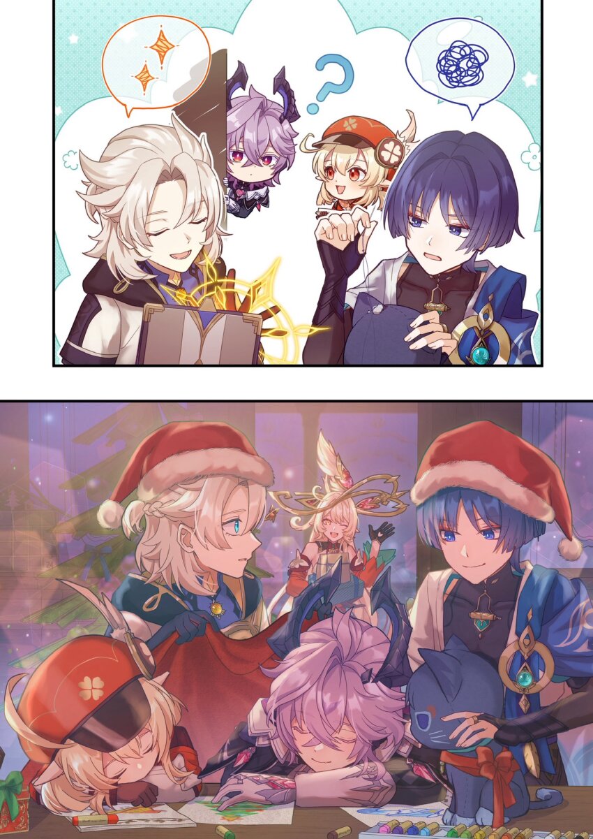 1other 2girls 3boys albedo_(genshin_impact) alice_(genshin_impact) black_gloves blanket blue_eyes closed_eyes closed_mouth dragon_boy dragon_horns durin_(genshin_impact) genshin_impact gloves hat highres horns klee_(genshin_impact) looking_at_another multiple_boys multiple_girls one_eye_closed open_mouth pointy_ears ribbon saigawa_genshin santa_hat scaramouche_(cat)_(genshin_impact) scaramouche_(genshin_impact) sleeping split_screen wanderer_(genshin_impact) waving white_gloves