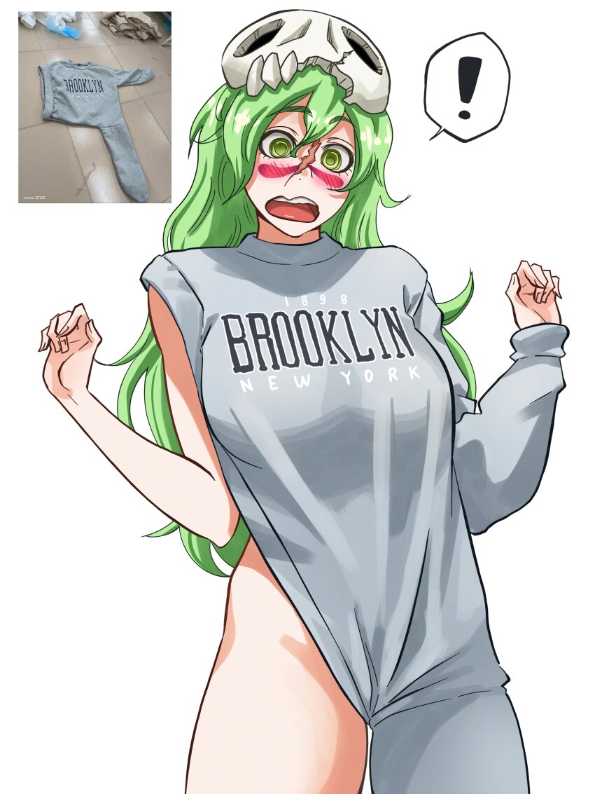 ! 1girl @_@ asymmetrical_clothes bleach breasts espada facial_mark female_focus green_eyes green_hair hollow_mask large_breasts long_hair mask mask_on_head nelliel_tu_odelschwanck open_mouth photo-referenced reference_inset ririvart scar scar_on_face sideless_sweater simple_background skull_on_head sleeveless sleeveless_sweater spoken_exclamation_mark sweater teeth tongue upper_teeth_only wardrobe_error white_background
