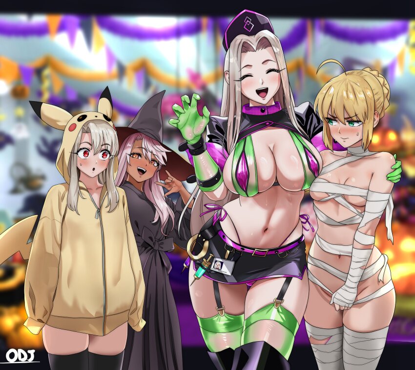 4girls absurdres ahoge artoria_pendragon_(fate) bandages bare_shoulders belt bikini black_boots black_dress black_hat black_skirt blonde_hair blush boots braid breasts chloe_von_einzbern cleavage closed_eyes cosplay dark-skinned_female dark_skin dress elbow_gloves fate/grand_order fate_(series) florence_nightingale_(fate) florence_nightingale_(trick_or_treatment)_(fate) florence_nightingale_(trick_or_treatment)_(fate)_(cosplay) garrison_cap gen_1_pokemon gloves green_bikini green_eyes green_gloves green_thighhighs hair_bun hat highres hood hoodie illyasviel_von_einzbern irisviel_von_einzbern large_breasts layered_bikini long_hair long_sleeves looking_at_viewer looking_to_the_side medium_breasts miniskirt multiple_girls mummy_costume naked_bandage navel neuron_activation_(meme) nintendo oldmanjenkins84 open_mouth orange_eyes parted_bangs pikachu pikachu_(cosplay) pikachu_hood pikachu_tail pink_hair pokemon pokemon_tail purple_belt purple_bikini red_eyes revealing_clothes saber_(fate) short_sleeves shrug_(clothing) sidelocks skirt small_breasts smile swimsuit tail thigh_boots thighhighs thighhighs_under_boots thighs white_hair witch_hat yellow_hoodie