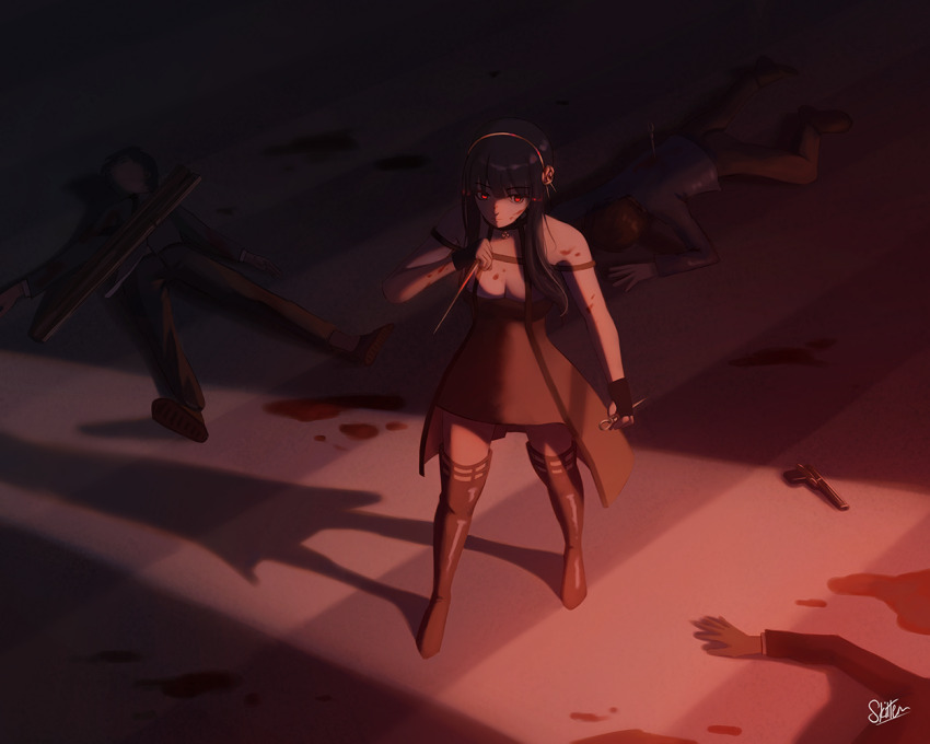 1girl black_dress black_hair blood blood_on_ground commentary_request corpse dress full_body holding holding_weapon long_hair red_eyes shadow signature skittenart solo solo_focus spy_x_family thighhighs weapon yor_briar