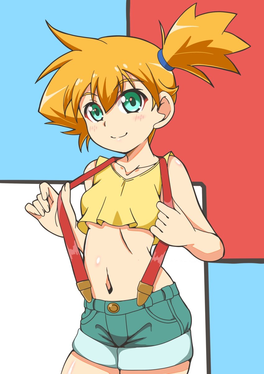 1girl aqua_eyes bare_shoulders blush breasts collarbone cowboy_shot crop_top crop_top_overhang denim denim_shorts green_eyes green_shorts looking_at_viewer midriff misty_(pokemon) navel nintendo orange_hair pokemon pokemon_(anime) pokemon_(classic_anime) pokemon_rgby ponytail short_hair short_shorts shorts side_ponytail sleeveless small_breasts smile solo suspender_shorts suspenders tank_top underboob yoshimi_mizunoe