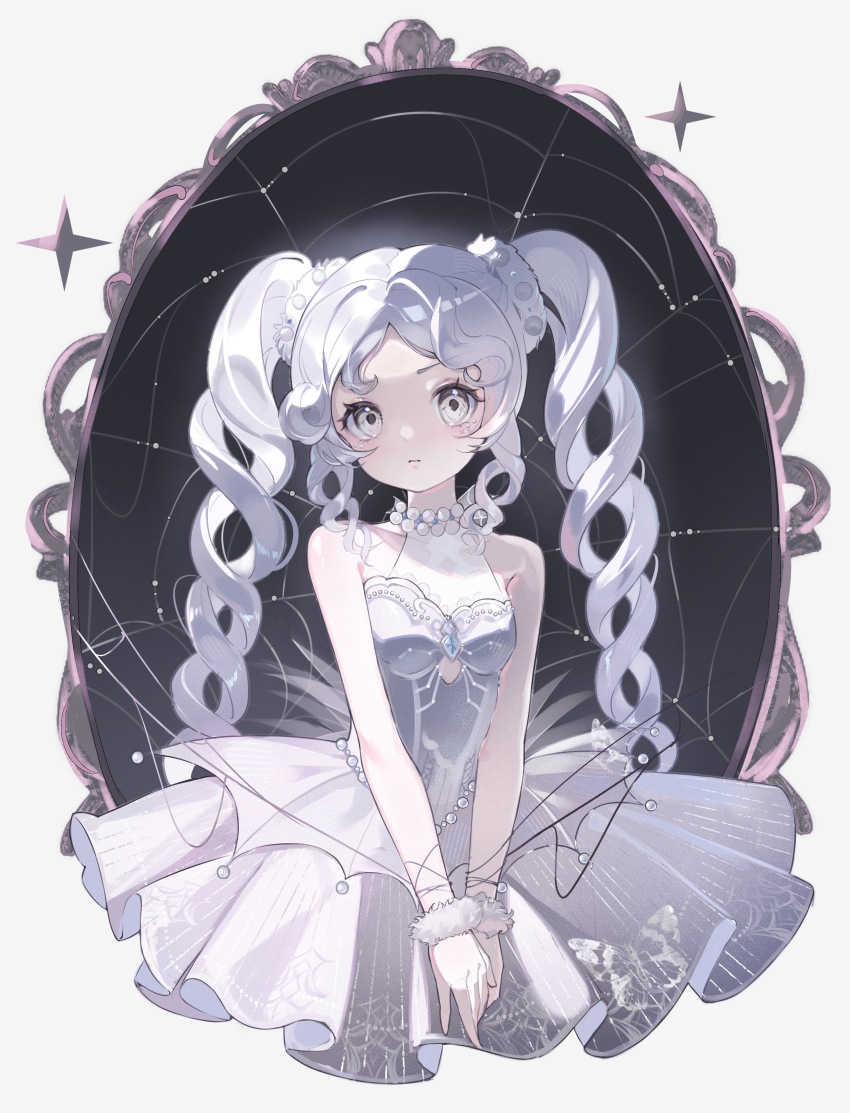 1girl :o absurdres ballerina bare_shoulders bead_choker beads black_background border chinese_commentary coat commentary_request cropped_legs dancing_pearl_(infinity_nikki) determined dress drill_hair expressionless eyelashes fur_wrist_cuffs grey_border grey_dress hair_beads hair_ornament hair_scrunchie highres infinity_nikki light_blush long_hair looking_at_viewer nikki_(series) outside_border picture_frame pleated_dress round_border scrunchie short_dress sidelocks silk solo sparkle spider_web string striped_clothes striped_dress tareme tutu twintails vertical-striped_clothes vertical-striped_dress very_long_hair white_coat white_eyes white_hair white_scrunchie white_wrist_cuffs wrist_cuffs yutoutoutoutoutou