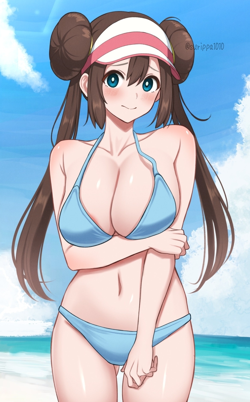 1girl beach bikini blue_bikini blue_eyes breasts bright_pupils brown_hair collarbone commentary donut_hair_bun hair_bun highres large_breasts long_hair looking_at_viewer navel nintendo ocean outdoors pokemon pokemon_bw2 rosa_(pokemon) solo summer surippa1010 swimsuit twintails twitter_username white_pupils