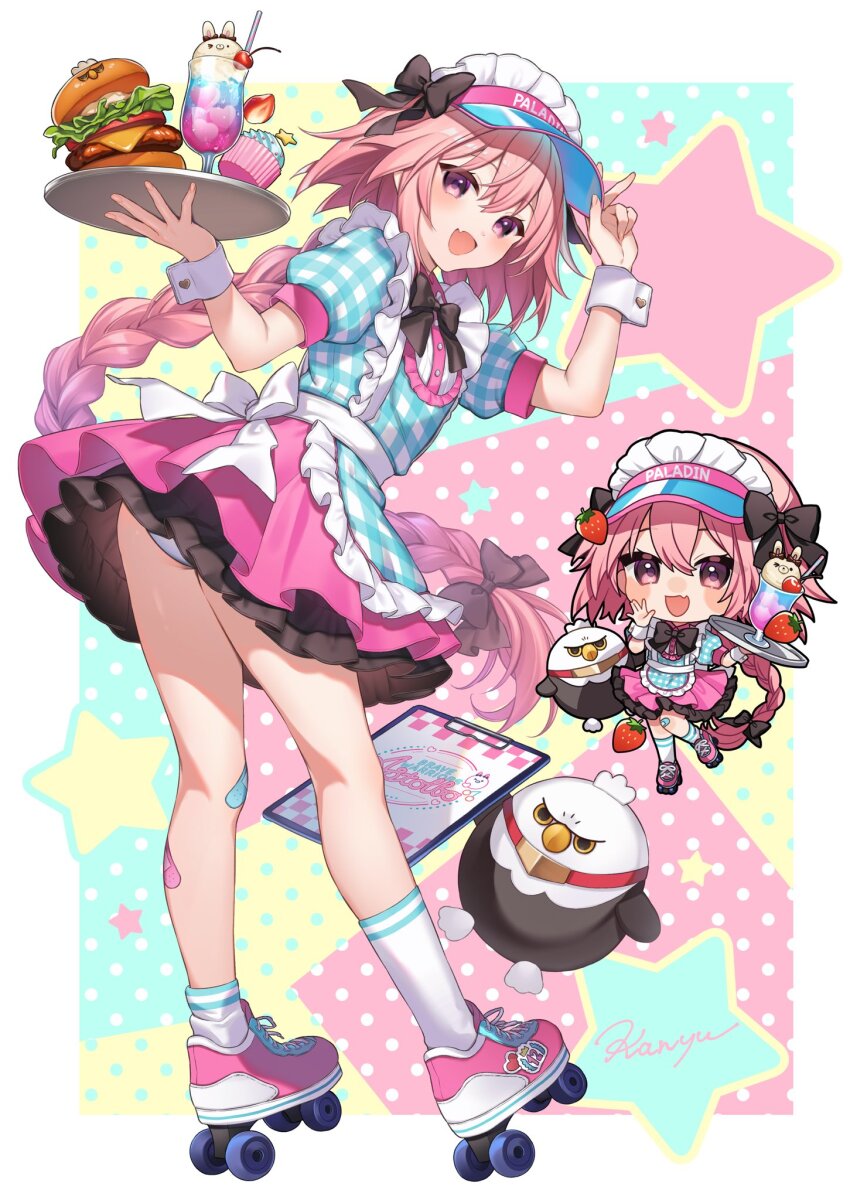 1boy alternate_costume animal-themed_food astolfo_(fate) bandaid bandaid_on_leg black_bow black_bowtie blush bow bowtie braid burger chibi chibi_inset commentary_request crossdressing crossdressing_(mtf) cup cupcake dress drink drinking_glass fang fate/apocrypha fate_(series) food frilled_dress frills full_body gradient_shadow hair_bow hair_intakes heart highres hippogriff_(fate) kan'yu_(citron_82) long_hair maid_headdress male_focus menu_board multicolored_hair open_mouth panties panty_peek pink_hair pixel_heart plaid_clothes plaid_dress purple_eyes roller_skates shoes single_braid skates skin_fang smile sneakers spoken_heart streaked_hair trap two-tone_hair underwear v very_long_hair visor_cap white_hair white_panties white_wrist_cuffs wrist_cuffs