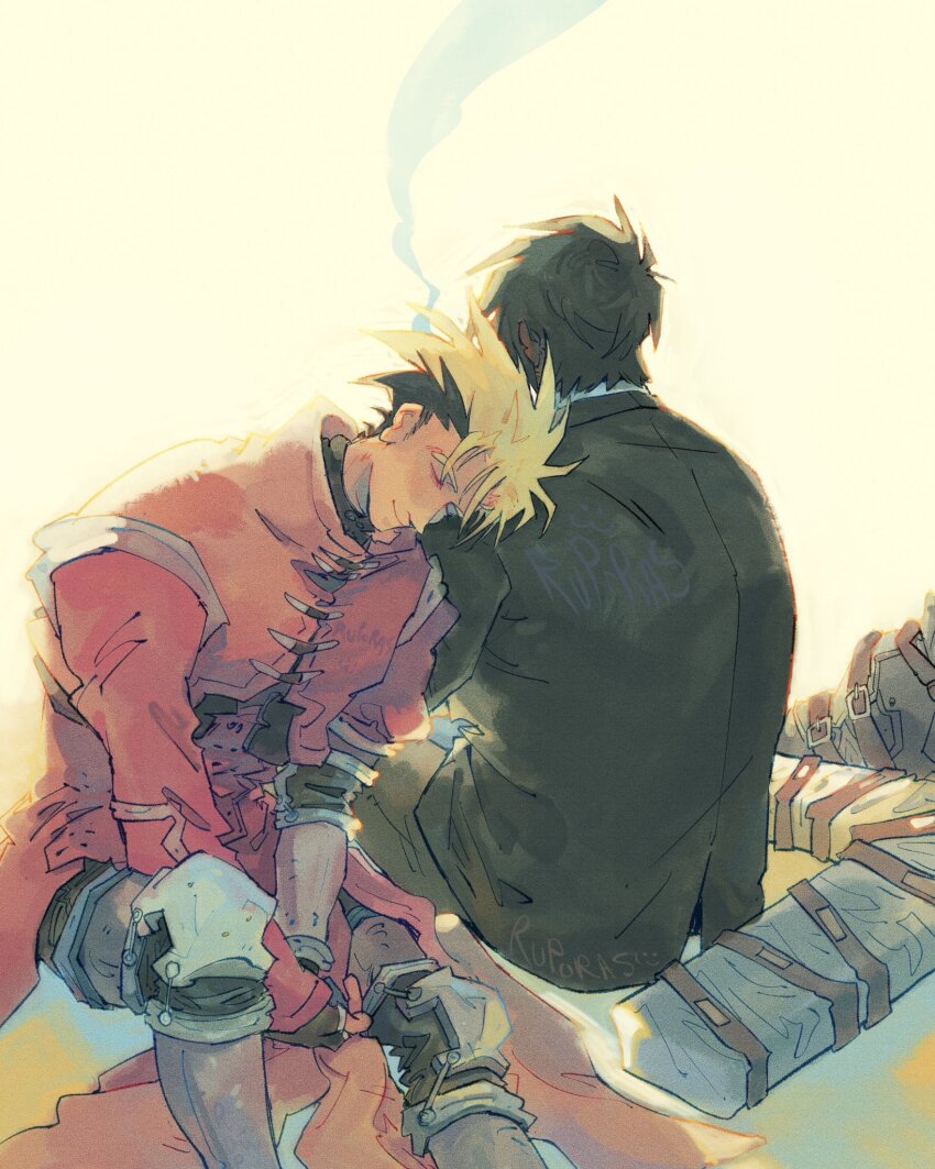 2boys alt_text black_hair black_jacket blonde_hair closed_eyes coat commentary cross_punisher english_commentary head_on_another's_shoulder highres jacket male_focus multicolored_hair multiple_boys nicholas_d._wolfwood pawschamp red_coat short_hair sitting smile smoke-trail suit_jacket trigun trigun_stampede two-tone_hair vash_the_stampede weapon