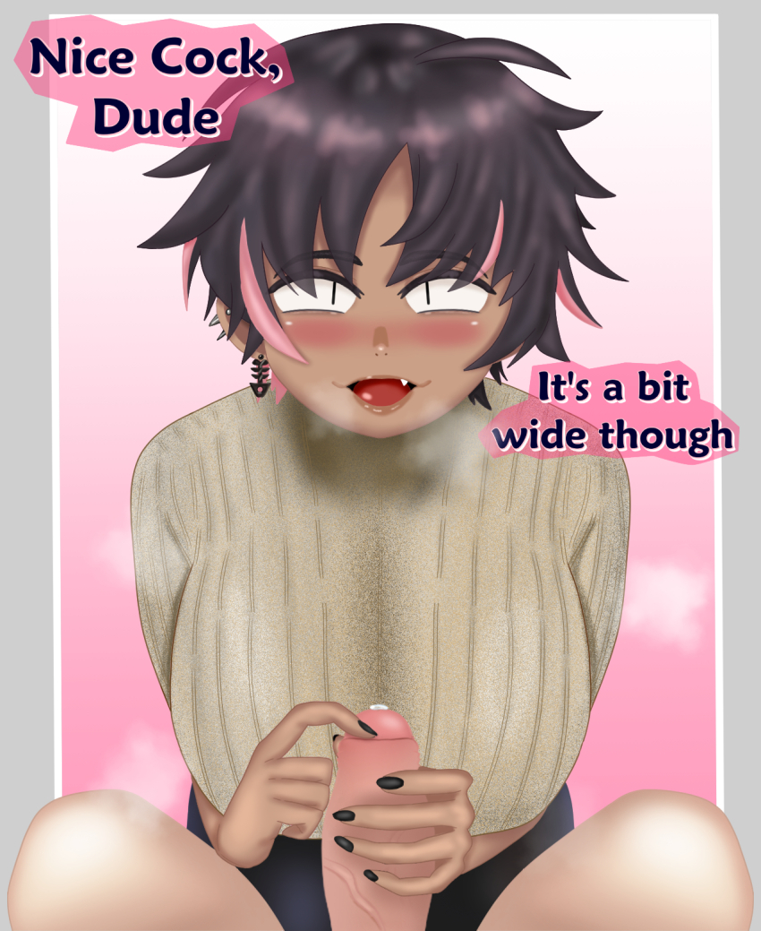 1girl alternative_version_available black_hair black_nail_polish black_nails blush bon_(vtuber) border breasts crop_top cropped_legs dark-skinned_female dark_skin drunk ear_piercing earrings eddarxart english_text fang fang_out fish_skeleton fish_skeleton_earrings foreskin foreskin_play foreskin_pull girthy_penis glans glansjob grey_eyes handjob highres holding huge_breasts indie_virtual_youtuber jewelry leaning_forward legs looking_at_viewer meme messy_hair miniskirt mob_face multicolored_hair nail_polish naughty_face nice_cock_(meme) parted_lips pencil_skirt penis penis_awe penis_grab piercing pink_background pink_hair pov pov_crotch precum ribbed_sweater sanpaku short_hair simple_background single_earring skirt slit_pupils smile smug speech_bubble steam streaked_hair sweater talking teasing tomboy translated turtleneck turtleneck_sweater two-tone_hair veins veiny_penis very_short_hair virtual_youtuber white_border white_sweater