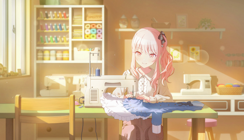 1other akiyama_mizuki black_bow black_bowtie blue_dress blurry bokeh bow bowtie brown_ribbon center_frills chair closed_mouth colorful_palette depth_of_field dress drill_hair drill_ponytail drill_sidelocks frilled_dress frilled_sleeves frills game_cg hair_ribbon high_side_ponytail highres kono_hito_hari_ni_omoi_wo_komeru_(project_sekai) layered_dress looking_at_object official_art other_focus pants picture_frame pincushion pink_eyes pink_hair pink_pants plant project_sekai ribbon round_collar sewing sewing_machine sewing_pin shelf sidelocks sitting smile solo spool sunlight table third-party_source unworn_dress
