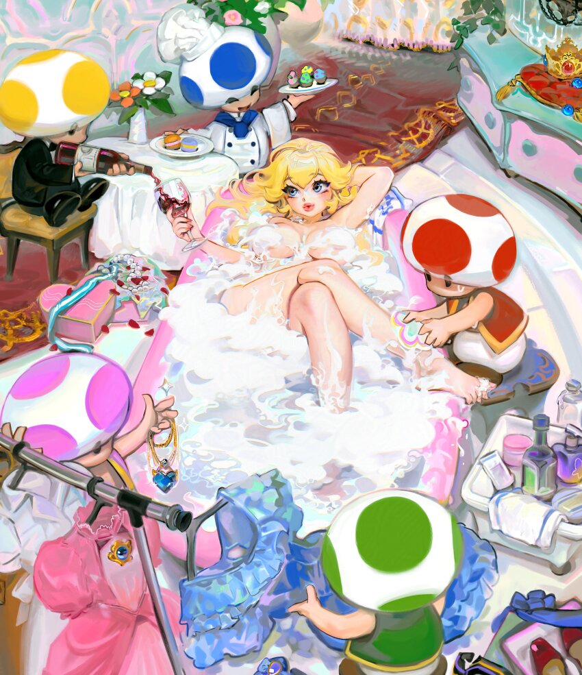 1girl 5boys absurdres alcohol arm_behind_head armpits bathing bathtub blonde_hair blue_toad_(mario) bottle breasts clothed_male_nude_female clothes_hanger convenient_censoring crossed_legs crown cup cupcake dress drinking_glass food green_toad_(mario) highres jewelry large_breasts legs macaron mario_(series) multiple_boys necklace nintendo nude partially_submerged pink_lips pouring princess_peach purple_toad_(mario) red_toad_(mario) smile soap_bubbles soap_censor sweatdrop thighs toad_(mario) unworn_headwear vest washing_another wet wine wine_bottle wine_glass yellow_toad_(mario) yeono0