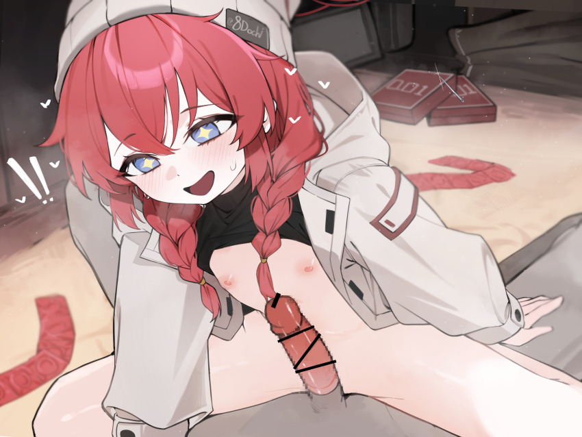 ! !! 1boy 1girl absurdres bar_censor blue_archive blue_eyes blush braid censored condom condom_wrapper flat_chest hat hetero highres jacket ka_keo loli maki_(blue_archive) maki_(camp)_(blue_archive) nipples open_mouth paid_reward_available penis red_hair twin_braids