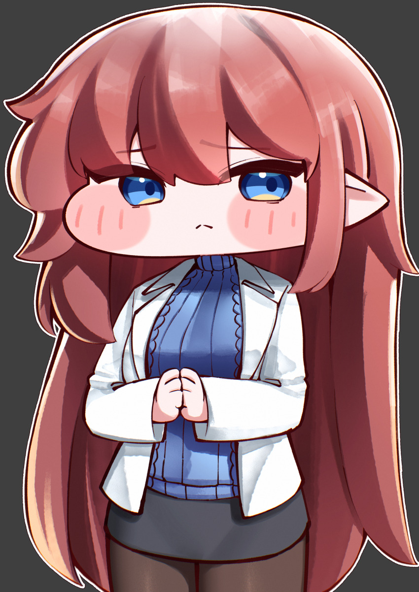 1girl :< absurdres adapted_costume black_pantyhose black_skirt blue_eyes blue_sweater blush brown_hair cable_knit chibi chibi_only closed_mouth commentary_request cowboy_shot elena_(trickcal) elf grey_background highres jacket korean_commentary long_hair long_sleeves looking_to_the_side open_clothes open_jacket own_hands_together pantyhose pencil_skirt pointy_ears pyeong_il ribbed_sweater simple_background skirt solo sweater trickcal turtleneck turtleneck_sweater white_jacket