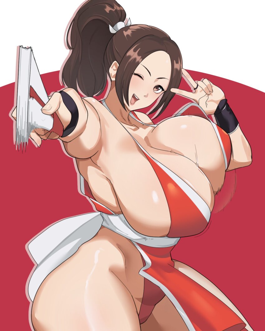 breasts brown_eyes brown_hair cleavage hand_fan highres huge_breasts muundae one_eye_closed paper_fan ponytail shiny_skin shiranui_mai street_fighter the_king_of_fighters thick_thighs thighs v wide_hips wink