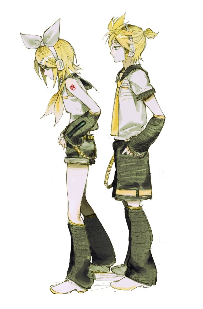 1boy 1girl arm_tattoo bare_shoulders black_sailor_collar black_shoes black_sleeves black_socks blonde_hair breasts commentary_request detached_sleeves full_body hair_ornament hair_ribbon hairband hairclip headphones highres kagamine_len kagamine_rin korean_commentary loose_socks medium_hair neckerchief number_tattoo ponytail ribbon sailor_collar shirt shoes short_ponytail short_sleeves sleeveless sleeveless_shirt small_breasts socks spiked_hair tattoo vocaloid white_background white_hairband white_ribbon white_shirt white_shoes yellow_neckerchief yongsa_(y0ngs4)