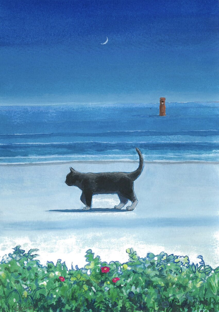 animal animal_focus beach black_cat cat commentary_request crescent_moon flower goma_ramen_(gomaramen888) highres horizon moon night no_humans ocean original outdoors pink_flower sand