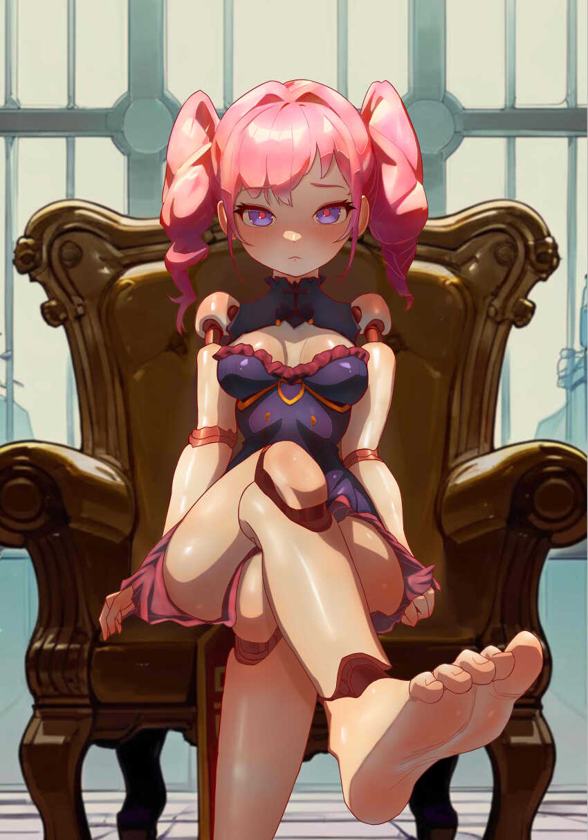 1girl absurdres armchair barefoot blush chair crossed_legs doll_joints feet highres joints long_hair looking_at_viewer original parted_lips pink_hair purple_eyes soles suzhitu toes twintails