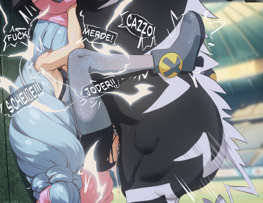 1girl animal_penis bestiality blue_hair bodysuit boots breasts butterchalk commentary english_commentary english_text french_text gen_5_pokemon german_text grey_bodysuit grey_boots hetero highres horse horse_penis iono_(pokemon) italian_text long_hair multicolored_hair nintendo penis pink_hair pokemon pokemon_(creature) pokemon_sv pokephilia sex small_breasts spanish_text split-color_hair teeth torn_bodysuit torn_clothes translation_request uncensored vaginal very_long_hair zebstrika