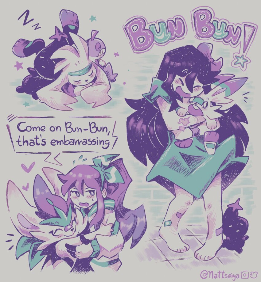 2girls aubrey_(faraway)_(omori) aubrey_(omori) bandaid bandaid_on_face barefoot blue_shirt blush bow character_request cinderace closed_eyes commentary crossover english_commentary english_text evolutionary_line flying_sweatdrops gen_5_pokemon gen_8_pokemon gloves hair_bow hairband heart highres hug jacket limited_palette long_hair long_sleeves multiple_girls nattseiya nintendo omori open_mouth pink_bow pink_hair pokemon pokemon_(creature) purple_eyes raboot scorbunny scraggy shirt short_sleeves sitting sleeping smile speech_bubble standing stuffed_eggplant stuffed_toy teeth toes twitter_username white_gloves white_jacket zzz