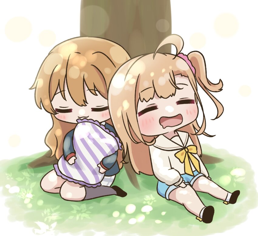 2girls :3 =_= ahoge black_jacket black_shoes black_socks blue_shorts blush bow bow_legwear bowtie brown_hair cardigan chibi chibi_only closed_eyes closed_mouth commentary_request diagonal-striped_pillow drooling highres hugging_object ikizulive!_love_live!_bluebird in-franchise_crossover jacket kneehighs konoe_kanata long_hair love_live! love_live!_nijigasaki_high_school_idol_club mouth_drool multiple_girls nijigasaki_school_uniform one_side_up open_mouth pink_scrunchie purple_pillow red_cardigan ritaso sailor_collar sailor_shirt school_uniform scrunchie shirt shoes short_shorts shorts sitting sleeping sleeping_upright socks striped_pillow takahashi_polka white_sailor_collar white_shirt white_socks yellow_bow yellow_bowtie