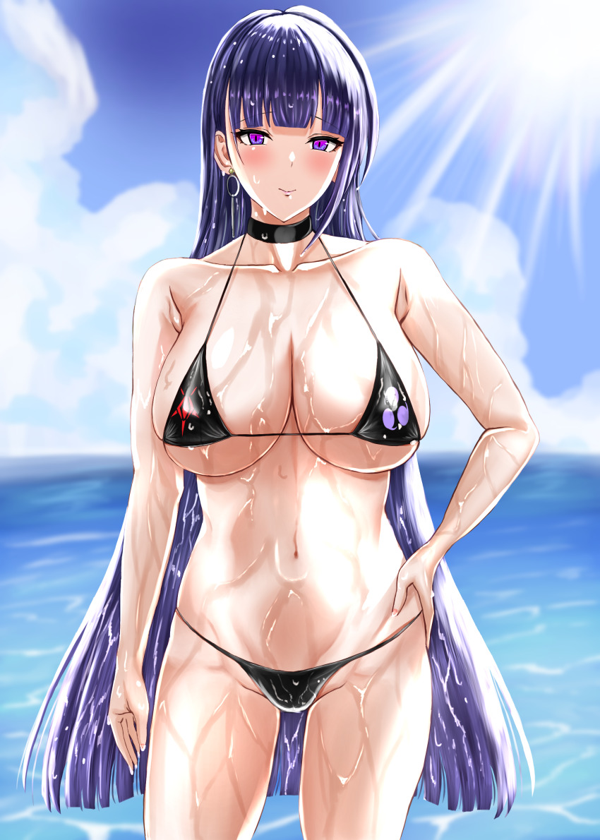 1girl absurdres bikini black_bikini black_choker blue_sky breasts choker cloud collarbone commentary_request earrings highres honkai_(series) honkai_impact_3rd jewelry large_breasts long_hair looking_at_viewer mordrex_art navel ocean outdoors purple_eyes purple_hair raiden_mei raiden_mei_(apho) sky solo stomach sunlight swimsuit thighs variant_set very_long_hair wet